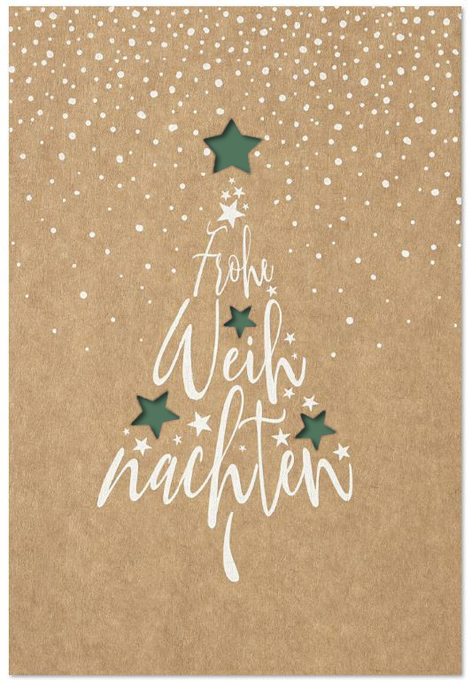 Laser-Weihnachtskarte mit Schneeflocken, Sternen und Gruß "Frohe Weihnachten", Einleger grün