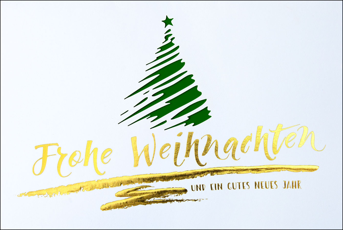 Weihnachtskarte mit Weihnachtsbaum und Schriftzug in Gold - Einleger dunkelgrün