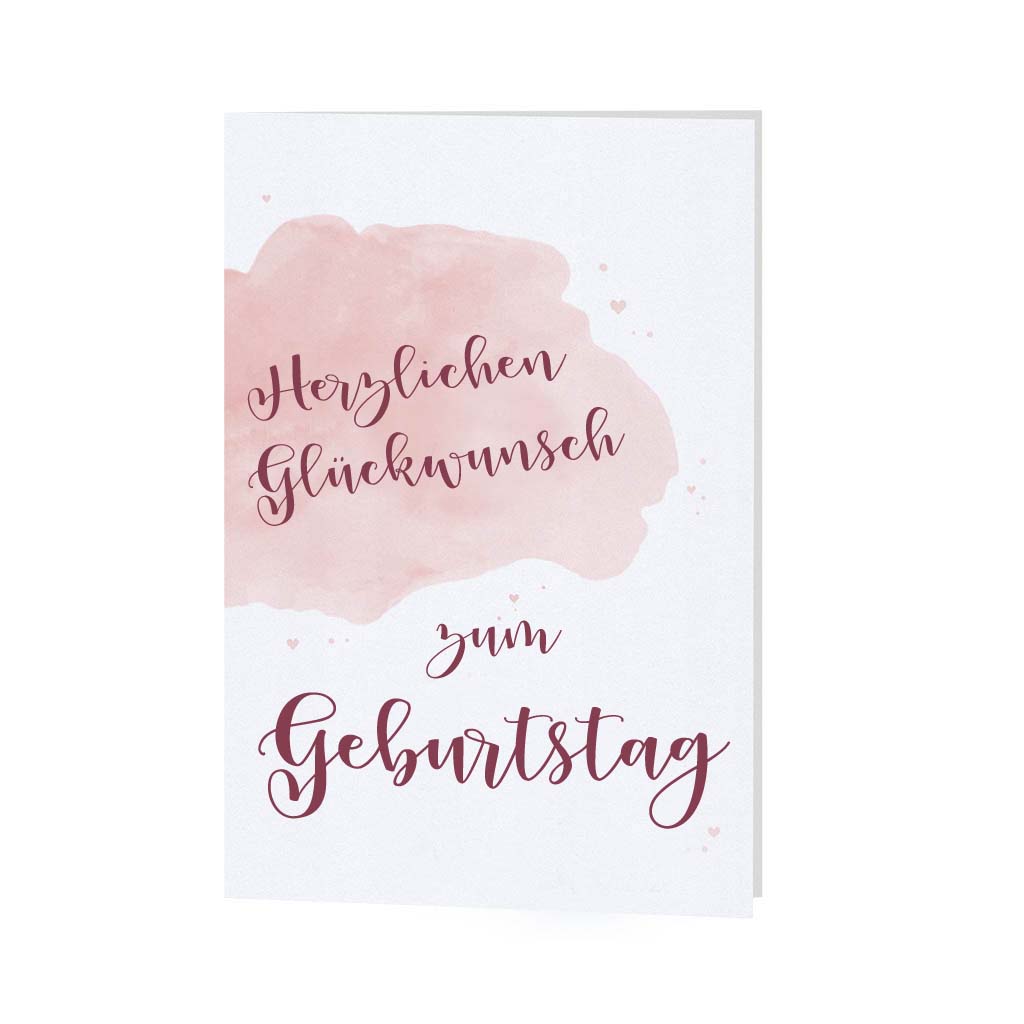 Weiße Glückwunschkarte zum Geburtstag mit rosa Wasserfarbenprint und Schriftzug "Herzlichen Glückwunsch zum Geburtstag" in weinrot