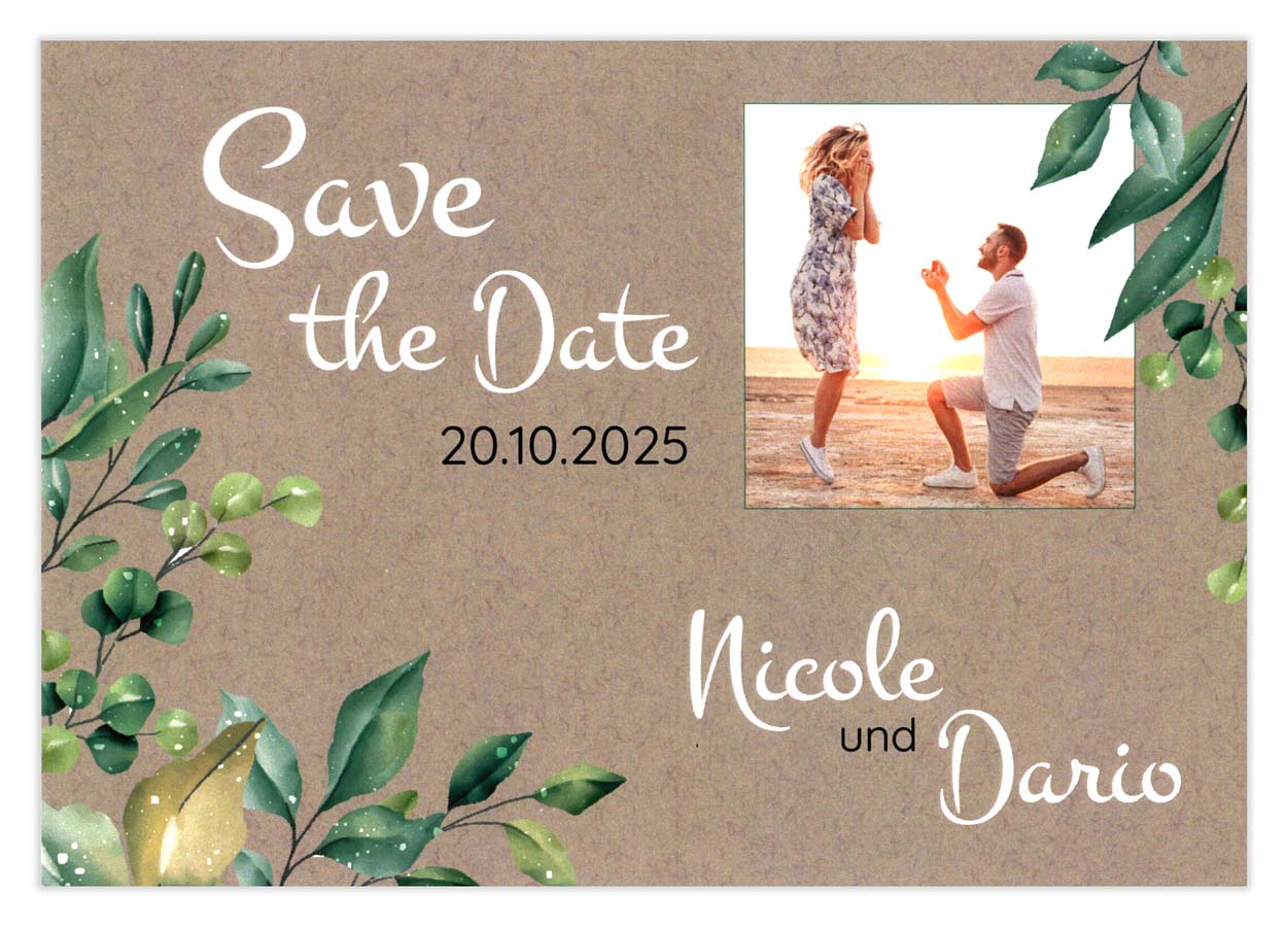 Hochzeit Save the Date Karte mit Fotodruck und Blätterzweige auf naturbraunem Untergrund 