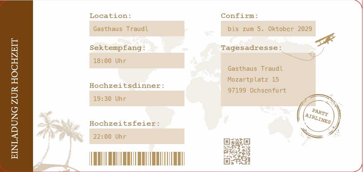 Reiseticket zur Reisepass-Einladungskarte Hochzeit mit Gestaltungsvorschlag, Strickcode und QR-Code