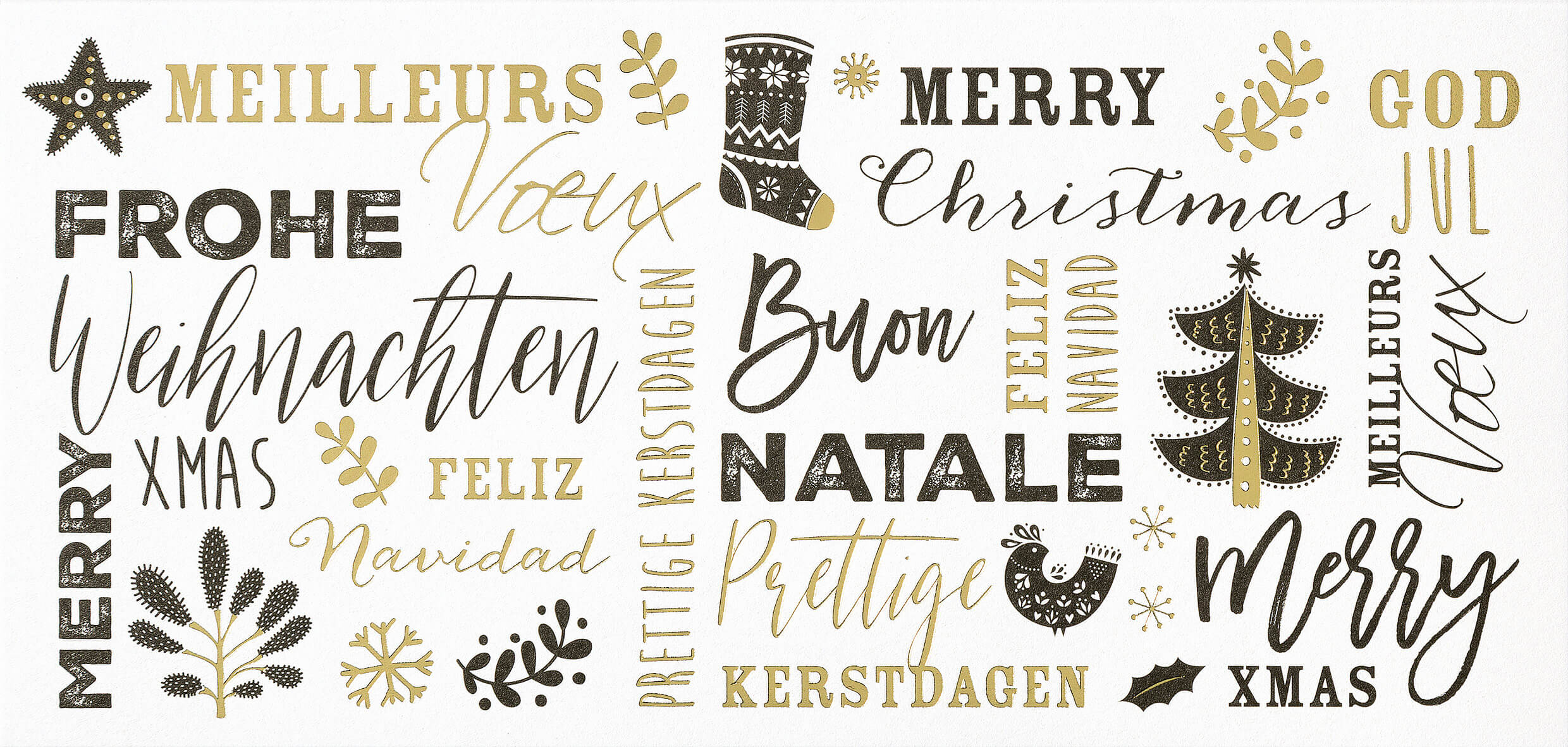 Moderne Weihnachtskarte mit internationalen Weihnachtswünschen in gold und schwarz, DIN lang