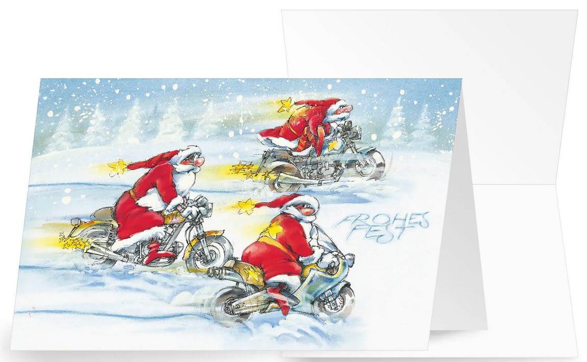 Lustige Weihnachtskarte für Motorradhäuser, Biker und Motorrad-Clubs mit "Frohes Fest"