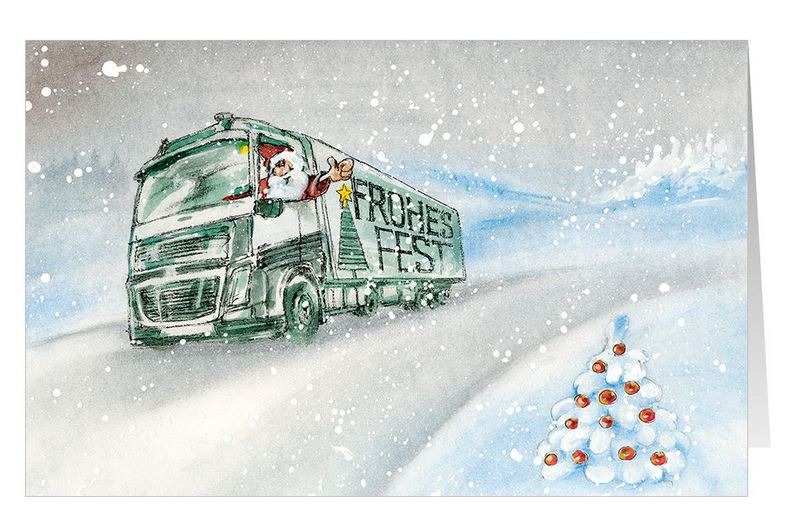 Weihnachtliche Branchenkarte für Spedition und Transportfirmen mit Gruß "Frohes Fest" im lustigen Design