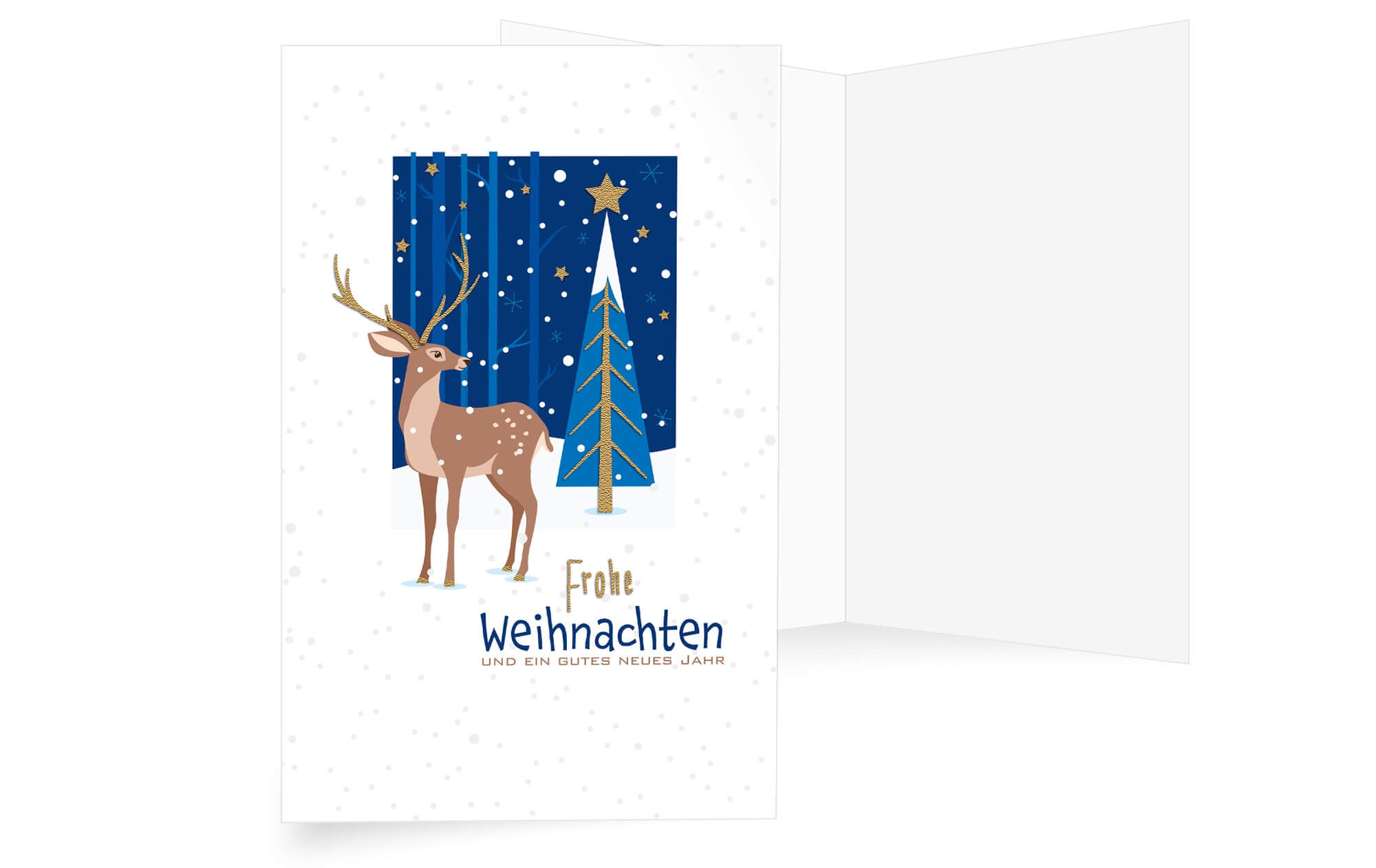 Goldige Weihnachtskarte mit Hirsch, modernem Tannenbaum in blau und goldenen Sternen