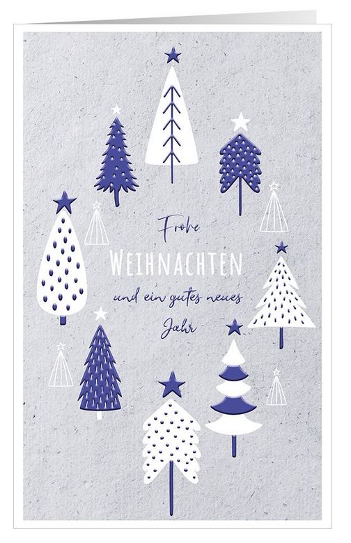 Weihnachtskarte mit blau-weißen Bäumchen und "Frohe Weihnachten und ein gutes neues Jahr"