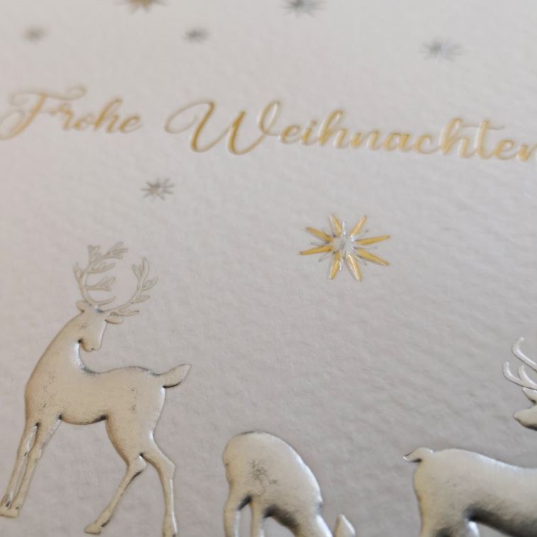 Detailansicht Weihnachtsgruß und Hirsche in edler Folienprägung