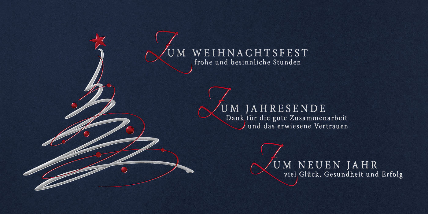 Geschäftliche Weihnachtskarte nachtblau mit Weihnachtsbaum und Dank für gute Zusammenarbeit