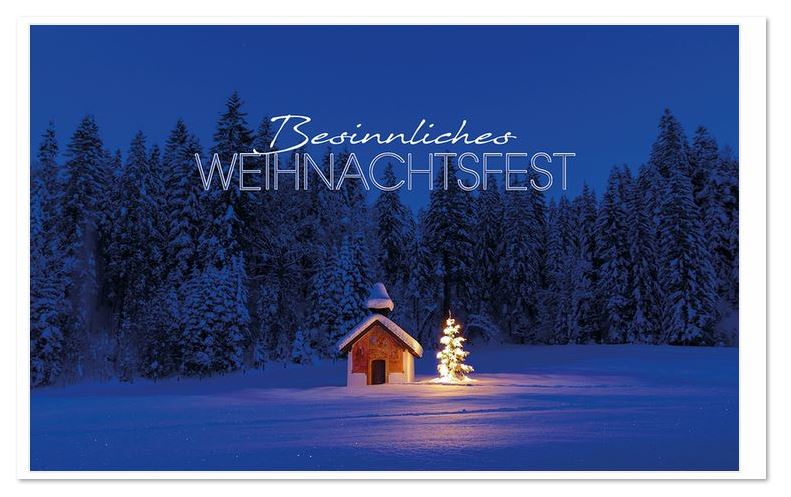 Winterliche Weihnachtskarte mit "Besinnliches Weihnachtsfest" und kleiner Kapelle im Schnee