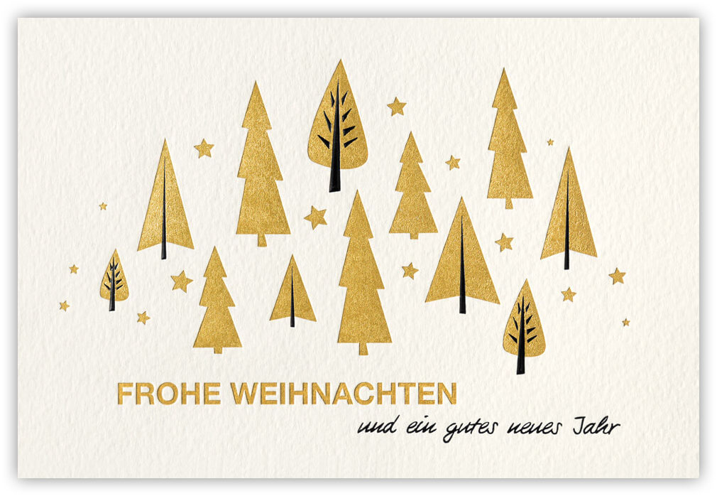 Weihnachtskarte creme mit goldenen Weihnachtsbäumen - Frohe Weihnachten und ein gutes neues Jahr