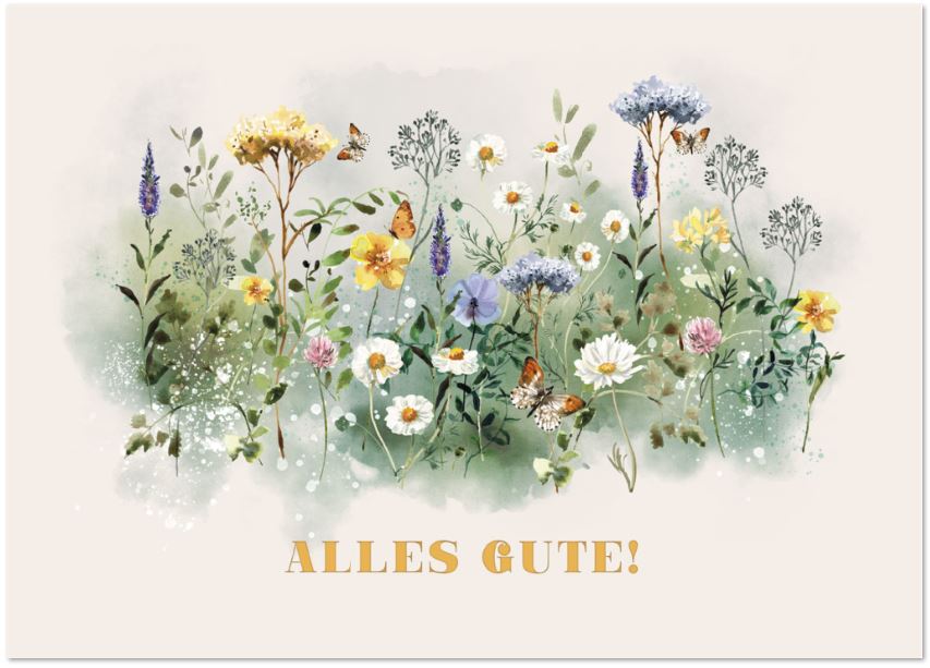 Bunte Glückwunschkarte mit Wiesenblumen, Schmetterlingen und "Alles Gute!", vielseitig verwendbar