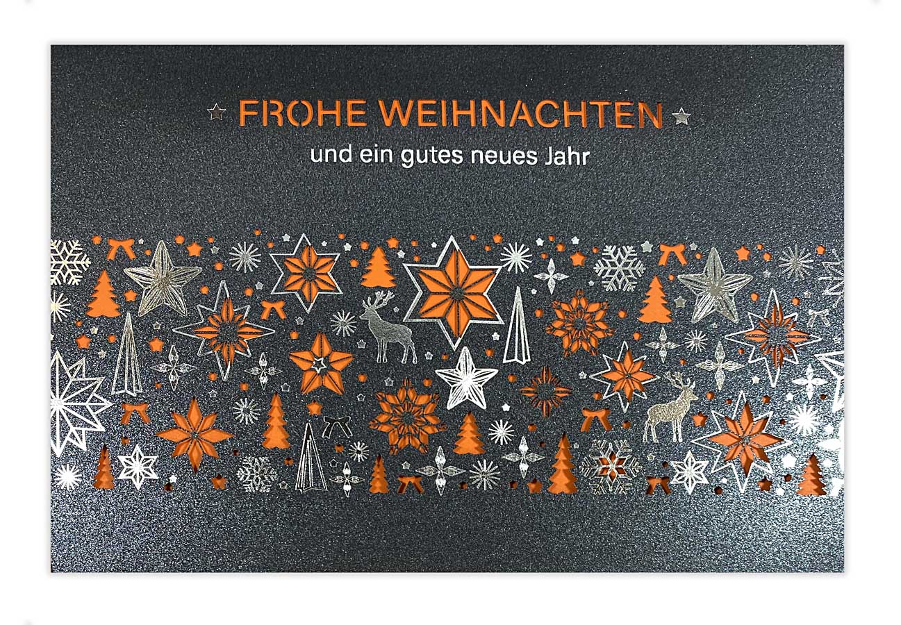 Graue Weihnachtskarte mit Silberprägung, orangenem Einleger und Silberdruck