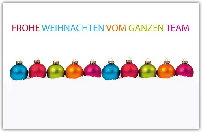 Bunte Team-Weihnachtskarte mit Spende für Aerzte ohne Grenzen und weihnachtlichem Gruß