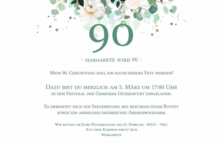 Gestaltungsbeispiel für den Innendruck mit Einladungstext zum 90 Geburtstag mit Blüten und Blättern