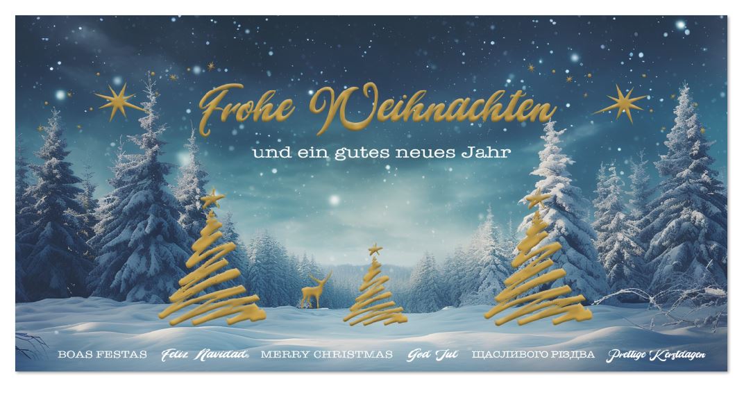 Zauberhafte Weihnachtskarte mit winterlichem Tannenwald bei Nacht und Gruß, DIN lang