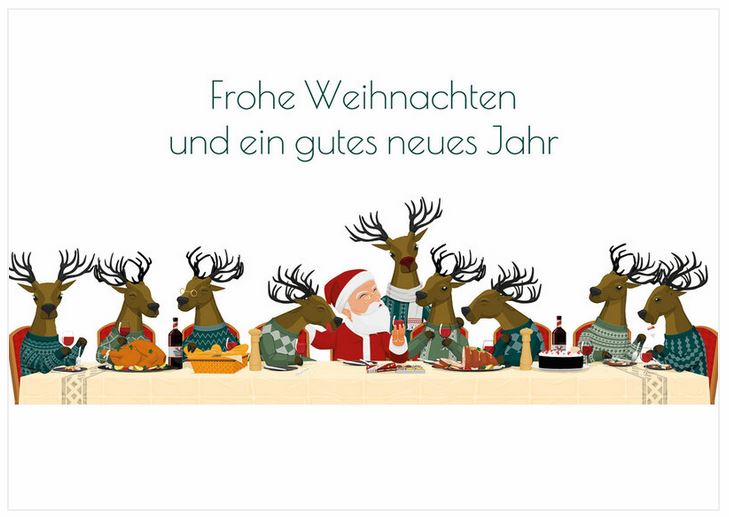 Witzige Weihnachtskarte mit dem Weihnachtsmann und den Rentieren an einer langen Tafel und Gruß