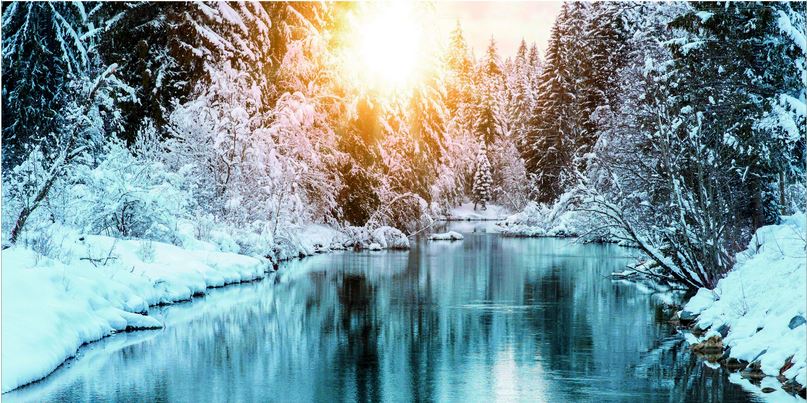 Winterliche Panorama-Landschaftskarte mit Sonnenaufgang am Fluss mit schneebedeckten Bäumen