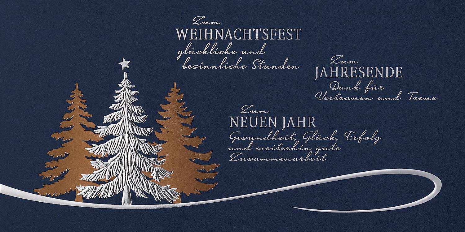 Dunkelblaue Geschäfts-Weihnachtskarte mit Firmengrüßen und Dank für Vertrauen und Treue