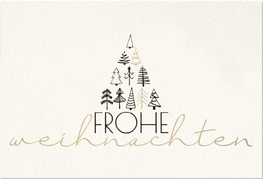 Cremeweiße Weihnachtskarte aus Aquarellkarton mit Goldfoliendruck "Frohe Weihnachten" und Bäumchen