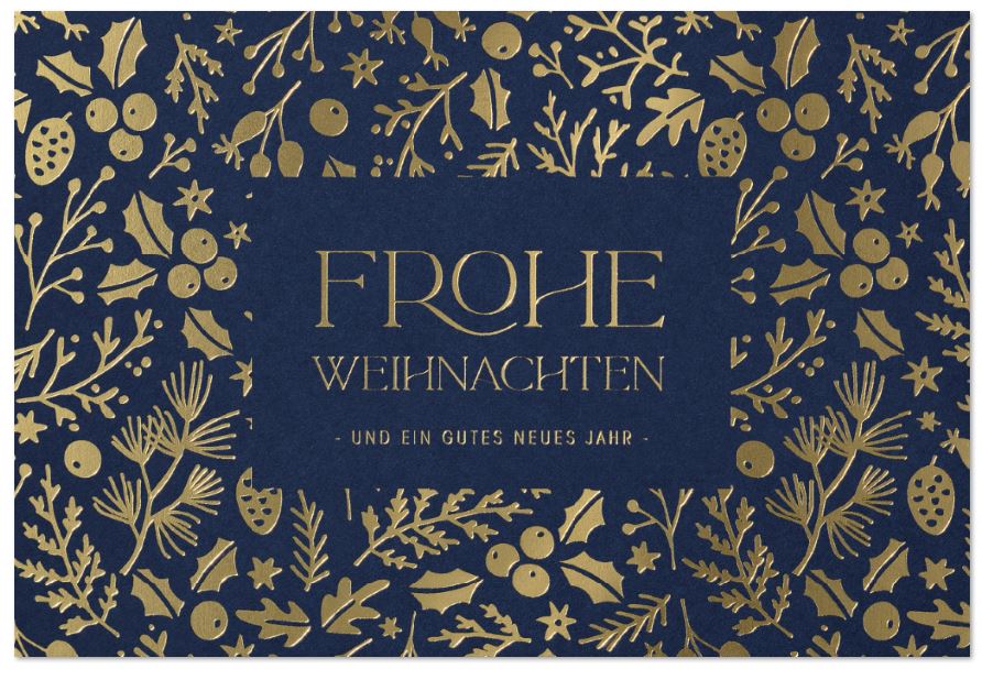 Blaue Weihnachtskarte mit edler Goldfolienprägung von Gruß und floralem Druck, inkl. Einleger