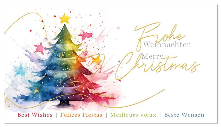 Farbenfrohe Weihnachtskarte im praktischen Kleinformat mit internationalen Weihnachtsgrüßen, Baum und Sternen