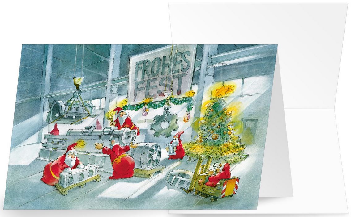 Fröhliche  Weihnachtskarte für Maschinenbau und Metallbau mit Weihnachtsbaum und "Frohes Fest"