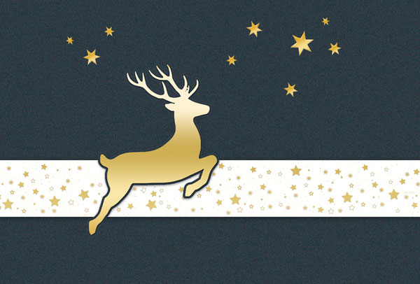 Exclusive Weihnachtskarte in grau-metallic mit Banderole und springendem, goldenen Hirsch