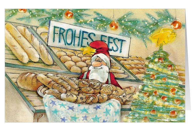 Fröhliche Weihnachtskarte mit leckeren Backwaren und dem Gruß "Frohes Fest"