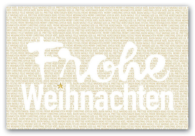 Internationale Weihnachtskarte mit mehrsprachigem Weihnachtsgruß und edler Goldfolienprägung