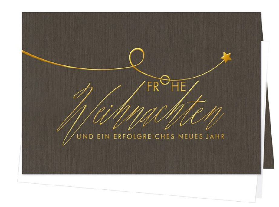 Elegante Firmen-Weihnachtskarte in dunkelbraun mit kleinem Stern und Weihnachtsgruß in gold