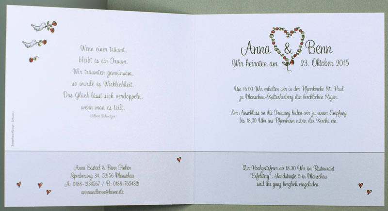 aufgeklappte Innenseite der Hochzeitskarte aus weißem Metallic-Karton mit Farbdruck