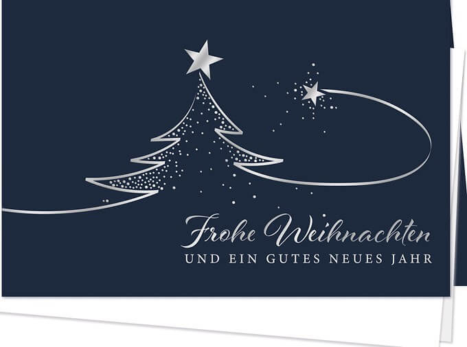 Dunkelblaue Weihnachtskarte mit silberner Folienprägung von Gruß und Weihnachtsmotiv