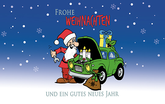 Lustige Weihnachtskarte "Zündkerzen" mit dem Weihnachtsmann bei der Autoreparatur