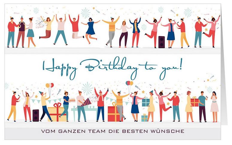 Fröhliche und bunte Firmenglückwunschkarte mit "Happy Birthday to you!", bunten Geschenken und Luftballons