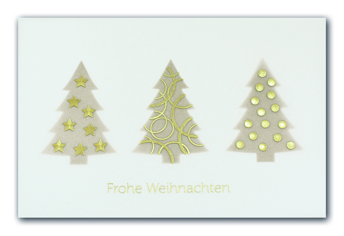 Weihnachtsgrußkarte mit milchweißem Transparent und Goldfolienprägung auf Tannenbäumen