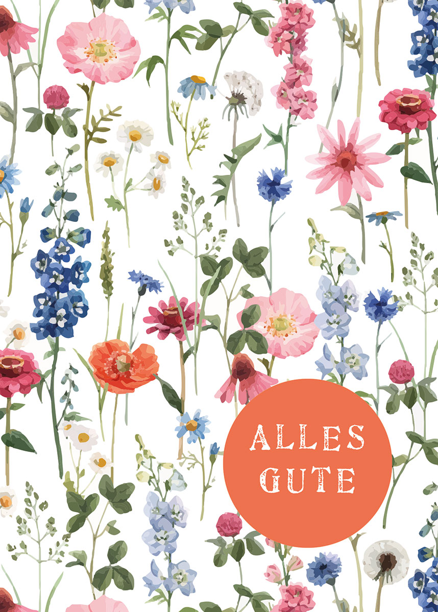 Aquarell-Glückwunschkarte mit bunten Wiesen- und Wildblumen und Gruß "Alles Gute"