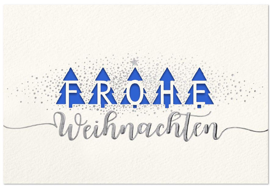 Weiße Weihnachtskarte aus Aquarellkarton mit Silberprägung, Laserstanzung und Einleger in blau