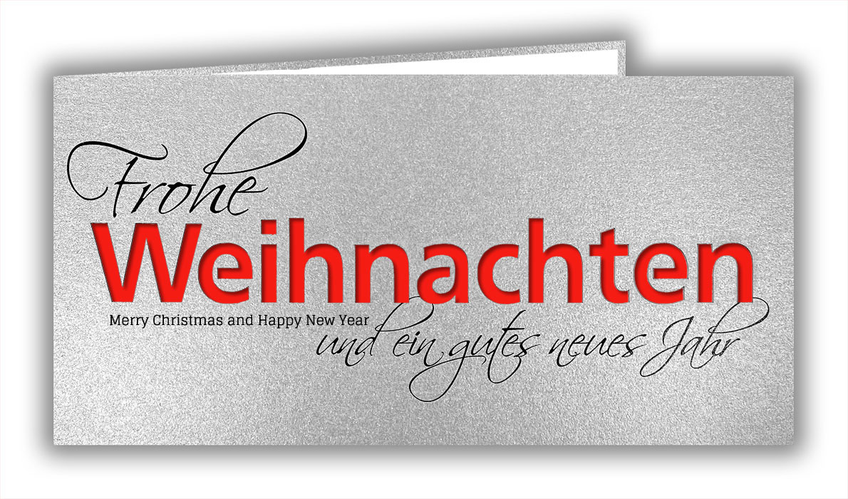 Silberne Weihnachtskarte mit rotem Einlegeblatt, Stanzung und deutsch-englischem Weihnachtsgruß