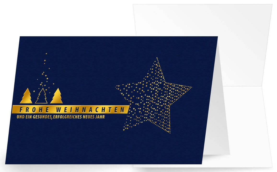 Firmen-Weihnachtskarte in blau mit goldenem Stern und gutem Zweck: Ärzte ohne Grenzen