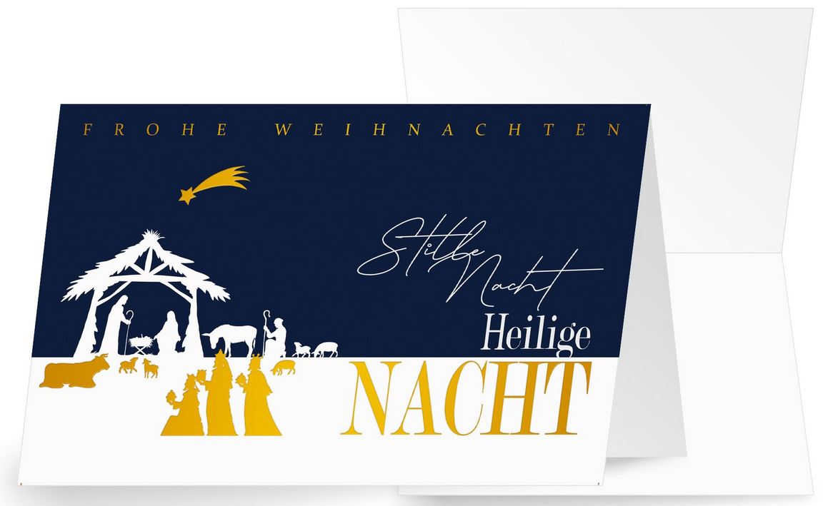 Weihnachtskarte "Stille Nacht" mit dem Stall von Betlehem und der Geburt Christi