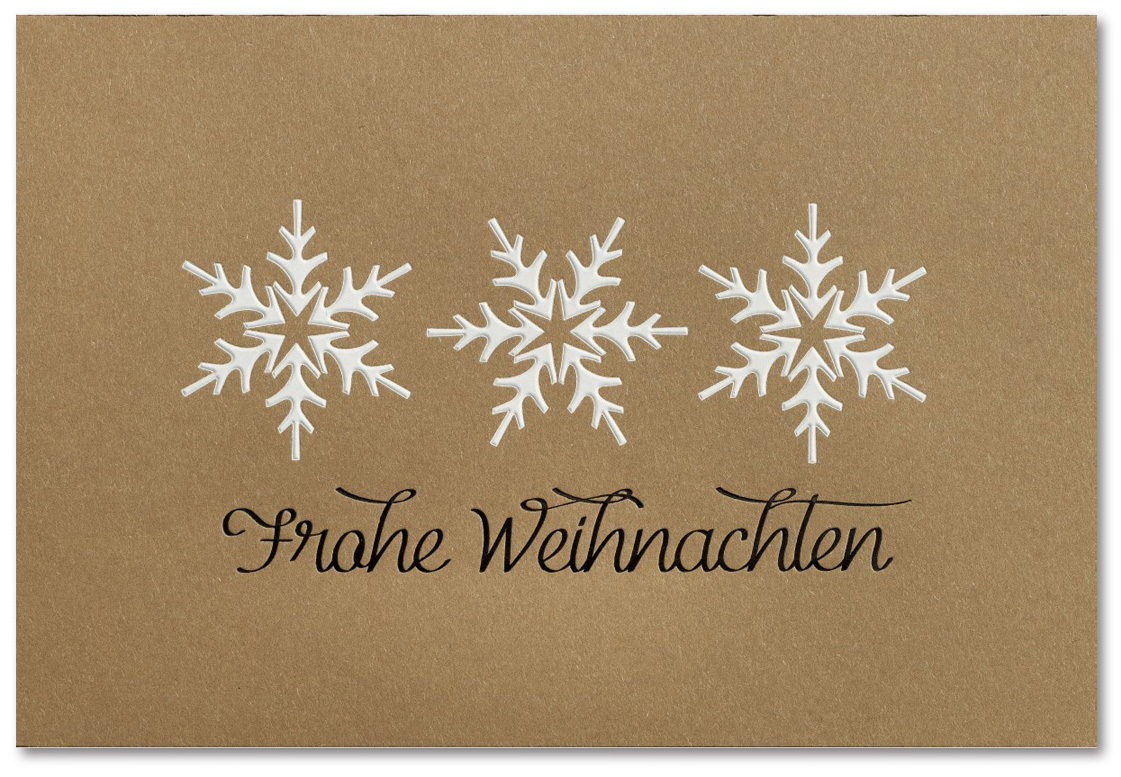 Weihnachtskarte aus braunem Kraftkarton mit weißer und schwarzer Folienprägung, inkl. Einleger