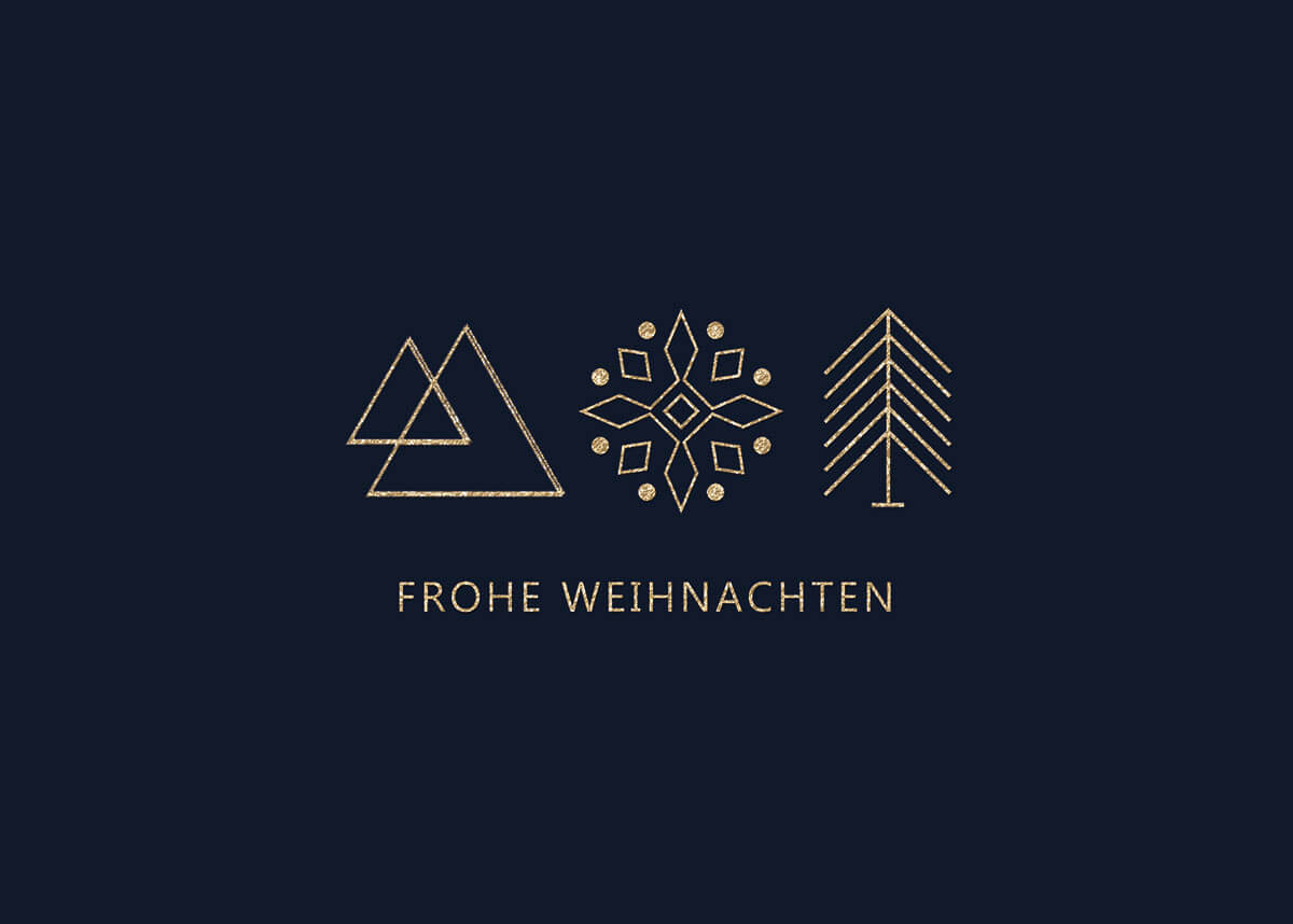 Dunkelblaue Weihnachtskarte mit edler Goldfolienprägung und "Frohe Weihnachten"