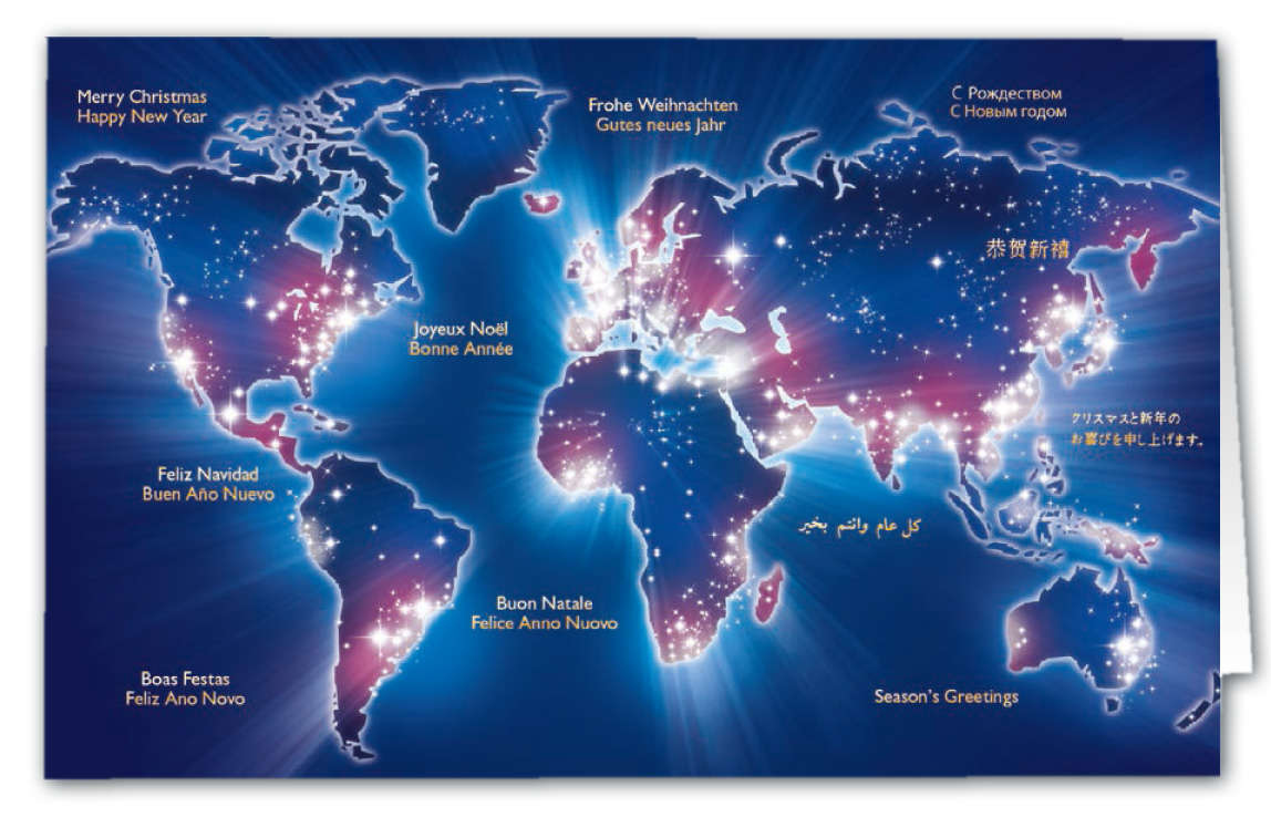 Mehrsprachige Weihnachtskarte mit internationalen Weihnachtsgrüßen und Weltkarte mit Kontinenten