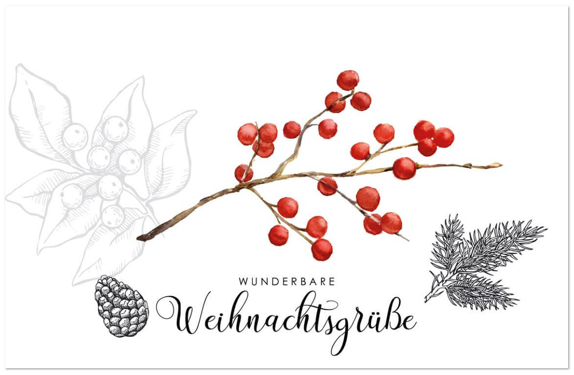 Weihnachtskarte "Wunderbare Weihnachtsgrüße" mit roten Beeren und Spendenanteil