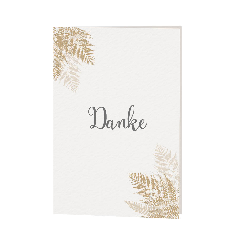 Florale Dankkarte in creme mit goldähnlichen Farnblättern, für Hochzeit, Geburtstag oder goldene Hochzeit