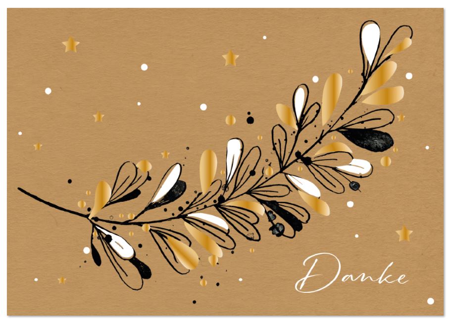 Weihnachtliche Dankkarte aus Naturkarton mit veredeltem Zweig in gold und weiß und "Danke", inkl. Einlegeblatt innen
