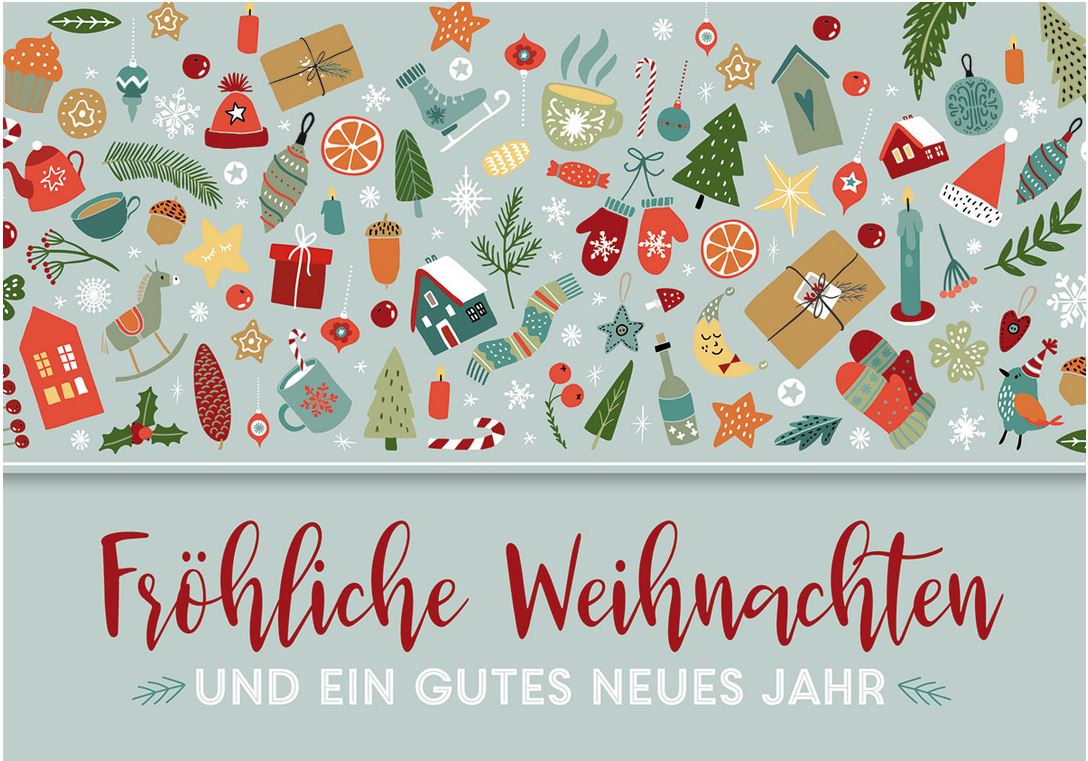 Bunte Weihnachtskarte "Fröhliche Weihnachten und ein gutes neues Jahr" mit Weihnachtsmotiven