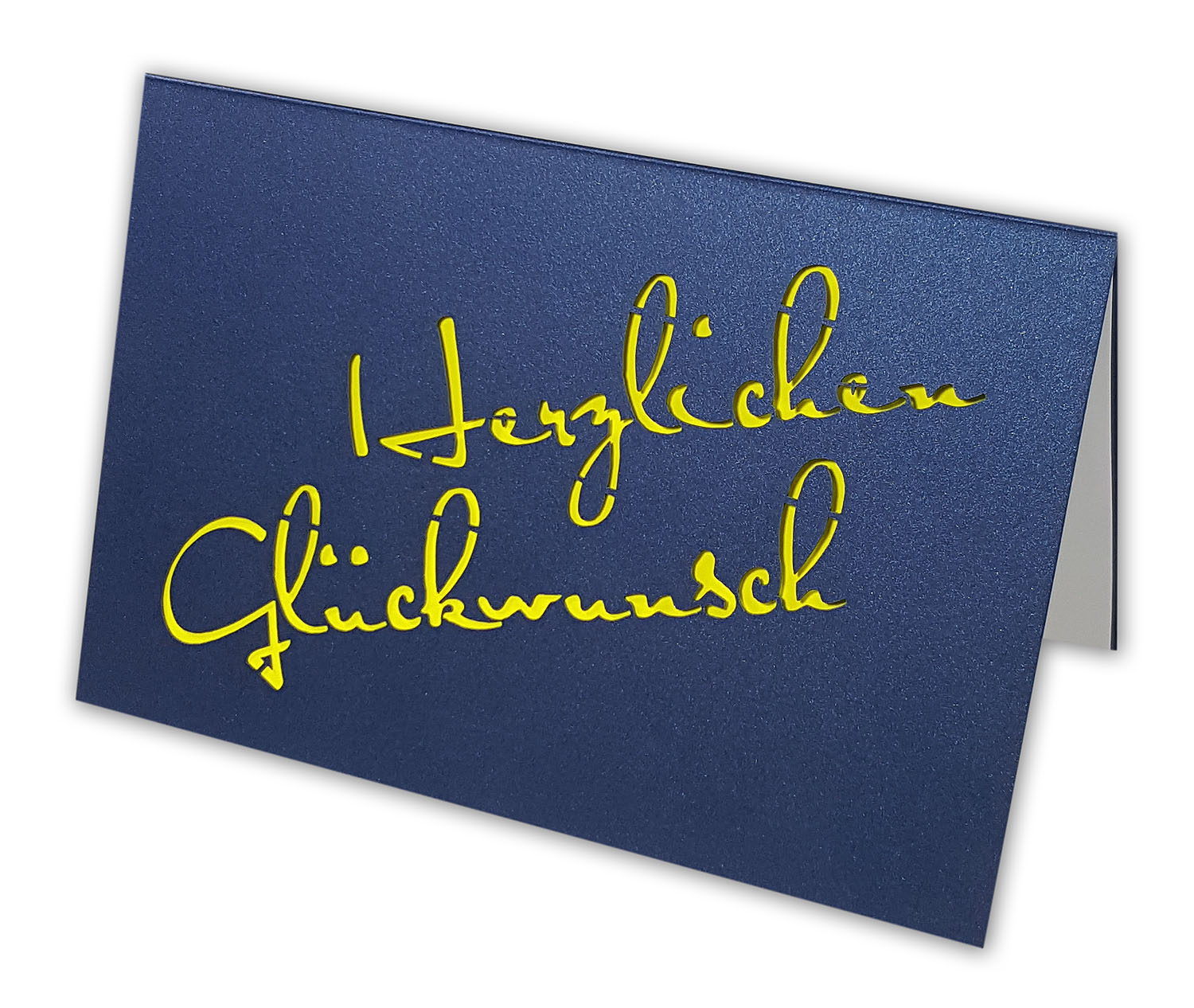 Dunkelblaue Glückwunschkarte mit Ausstanzung "Herzlichen Glückwunsch" und Einlegeblatt in gelb / weiß