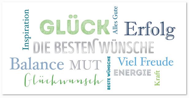 Moderne Glückwunschkarte in weiß mit mehreren Wünschen und Silberprägung