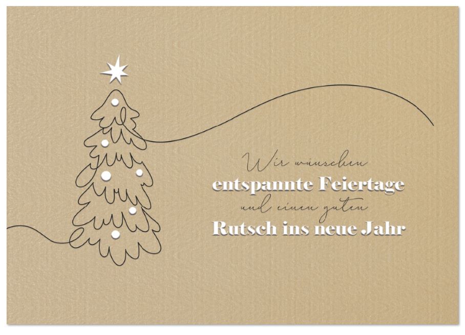 Sandfarbene Weihnachtskarte mit Weihnachtsbaum und Gruß sowie gutem Zweck: Deutsche Kinderkrebs-Stiftung DKKS